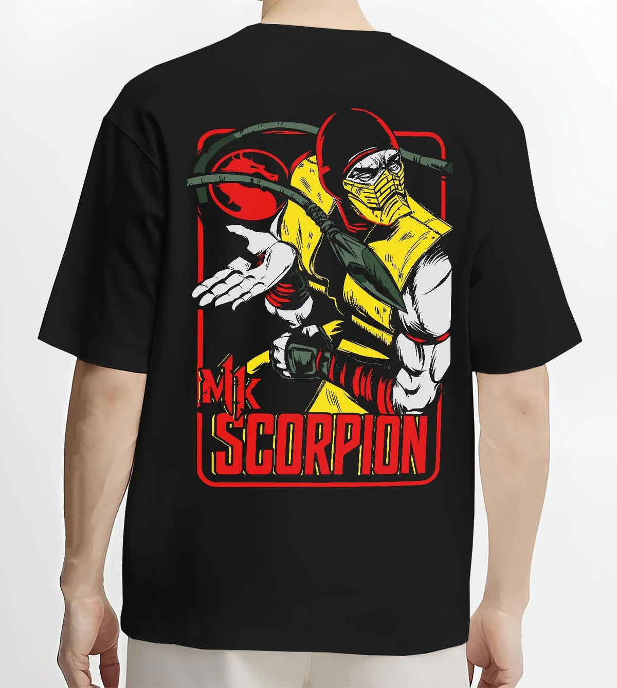 Black T-shirt worn by male model from the back featuring Scorpion yellow ninja Hellfire Mortal Kombat artwork.