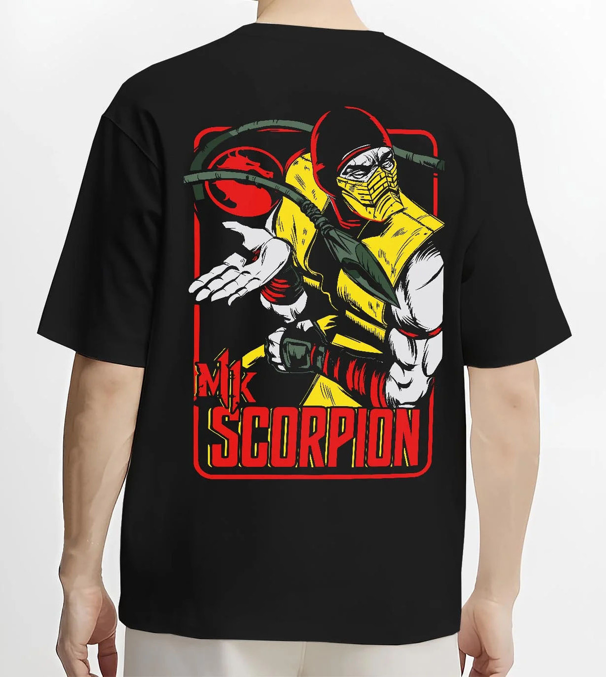 Black T-shirt worn by male model from the back featuring Scorpion yellow ninja Hellfire Mortal Kombat artwork.