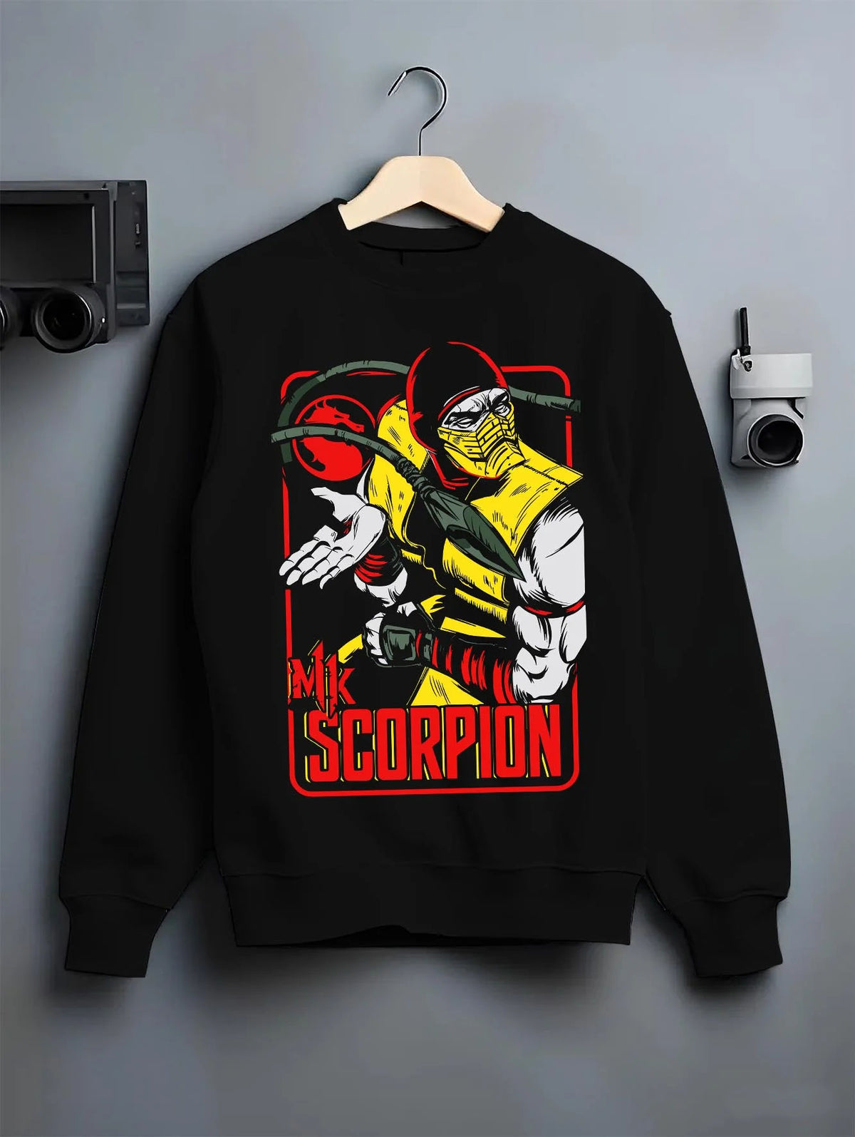 Black crewneck sweatshirt on hanger featuring Scorpion yellow ninja Hellfire Mortal Kombat artwork.