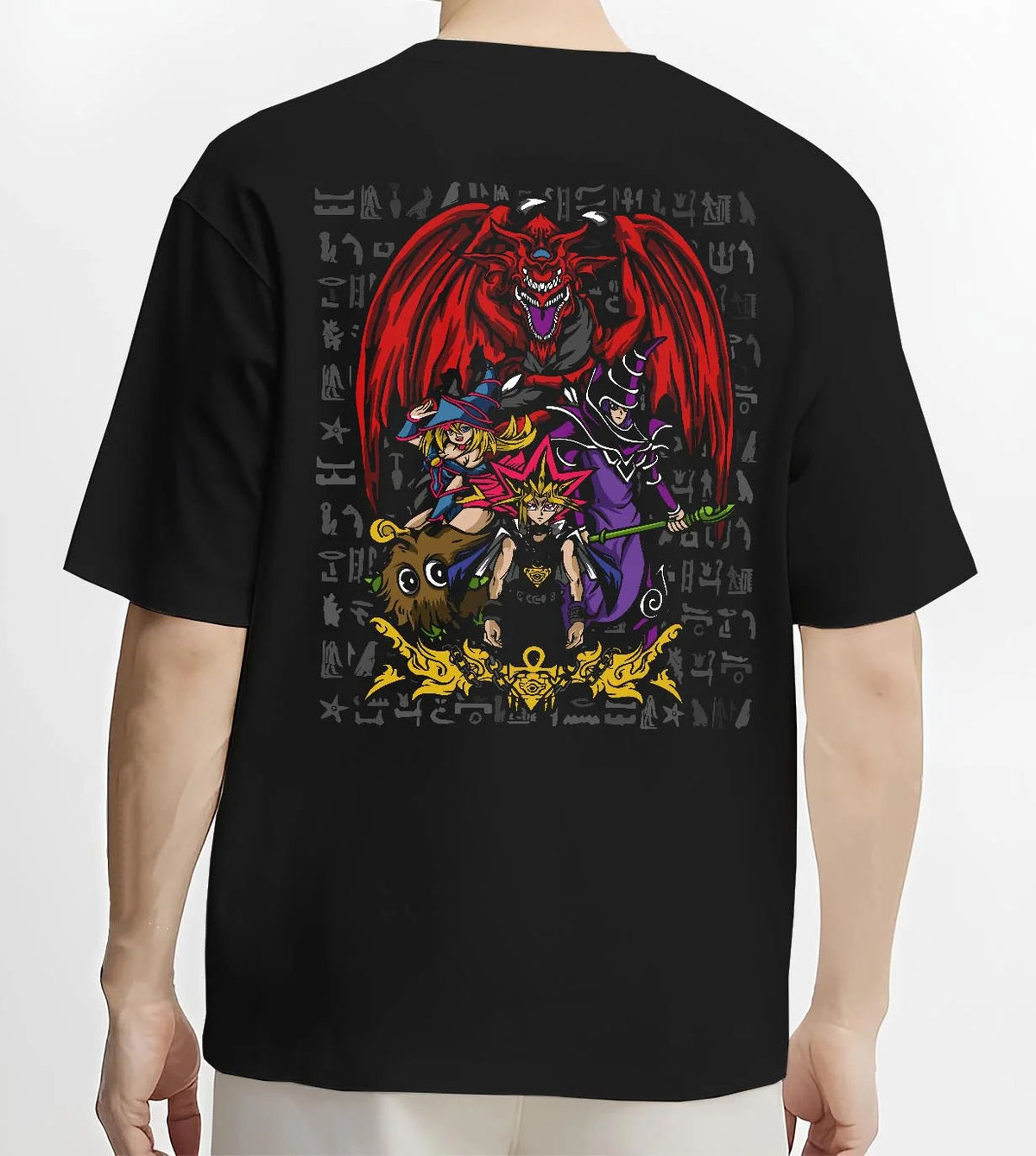 Black T-shirt worn by male model from the back featuring Yugi Egyptian God Cards duel Yu-Gi-Oh! artwork.
