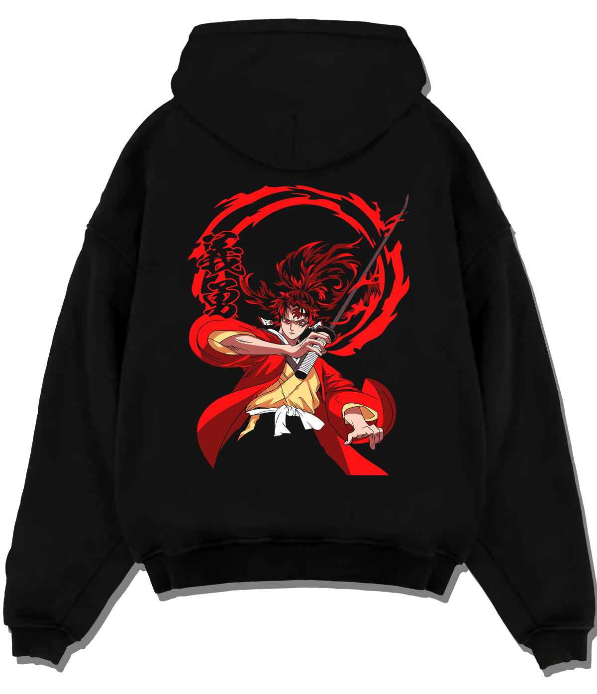 Black hoodie flat back view showing Yoriichi Tsugikuni from Demon Slayer: red sun-breathing sword attack