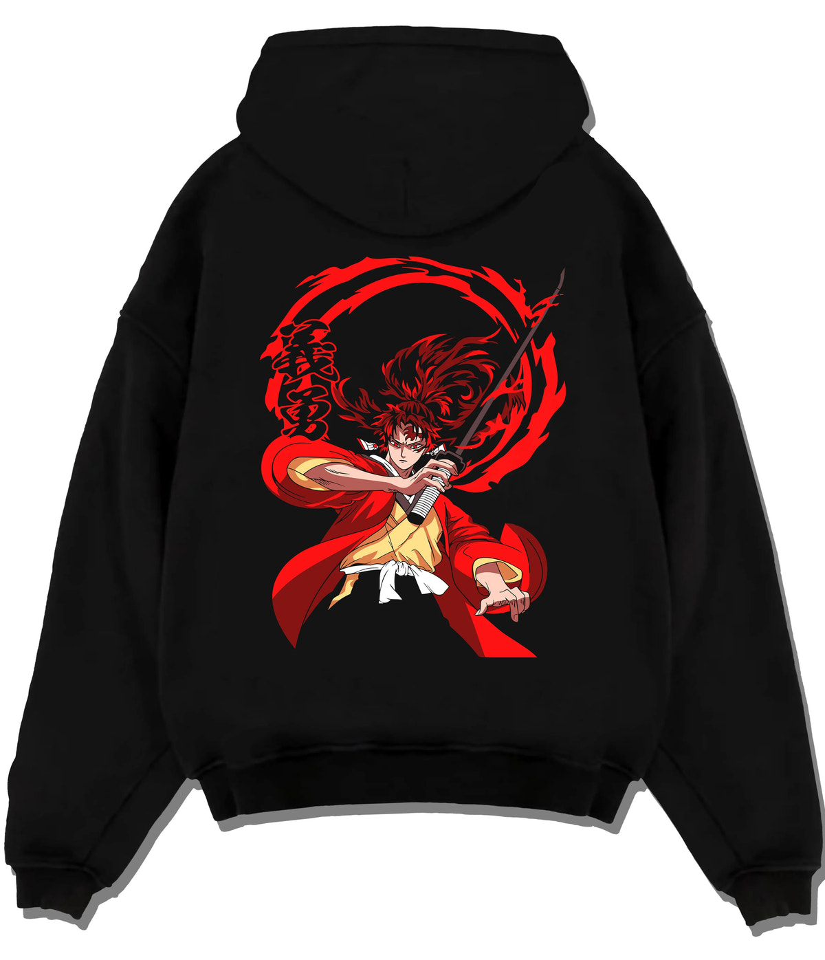 Black hoodie flat back view showing Yoriichi Tsugikuni from Demon Slayer: red sun-breathing sword attack