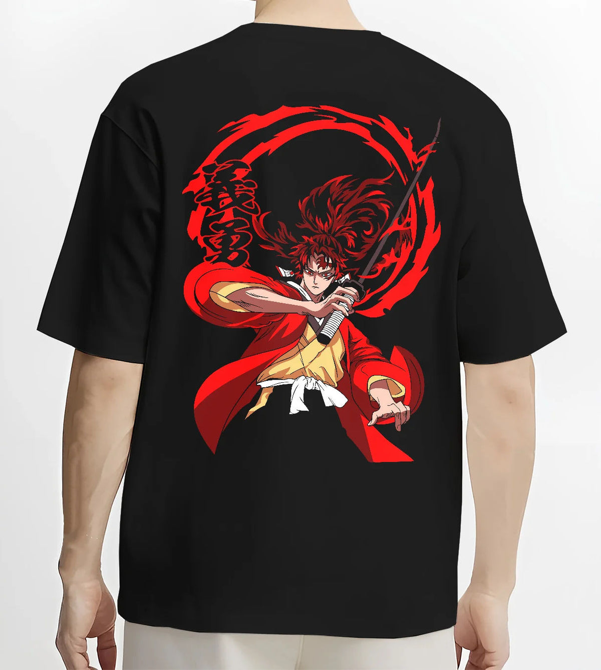 Black T-shirt model back view showing Yoriichi Tsugikuni from Demon Slayer: red sun-breathing sword attack