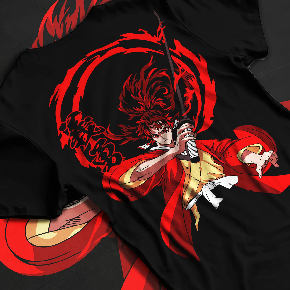 Black T-shirt flat back view showing Yoriichi Tsugikuni from Demon Slayer: red sun-breathing sword attack