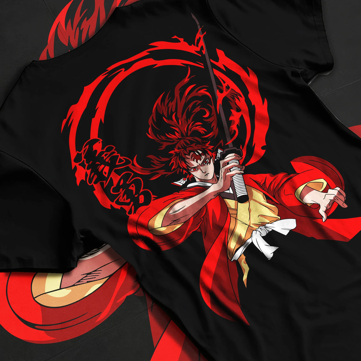 Black T-shirt flat back view showing Yoriichi Tsugikuni from Demon Slayer: red sun-breathing sword attack