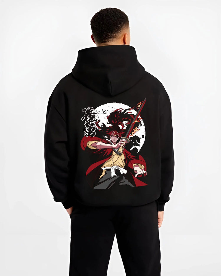 Black hoodie worn by male model from the back featuring Yoriichi Tsugikuni Demon Slayer Mark artwork.