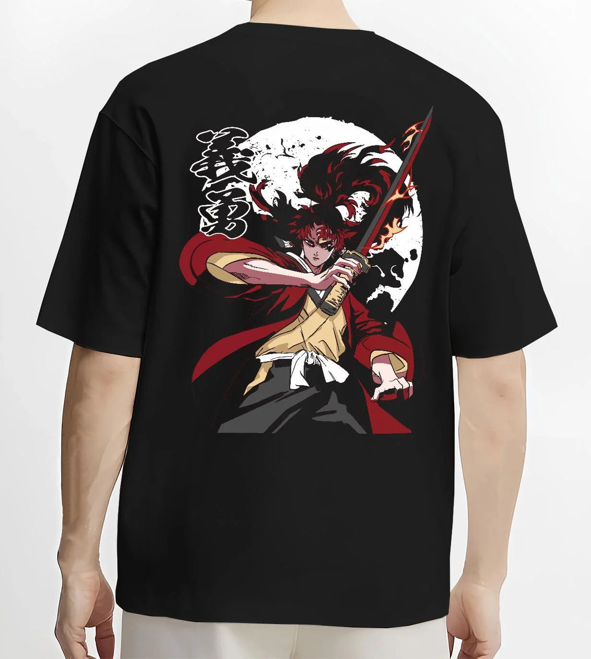 Black T-shirt worn by male model from the back featuring Yoriichi Tsugikuni Demon Slayer Mark artwork.