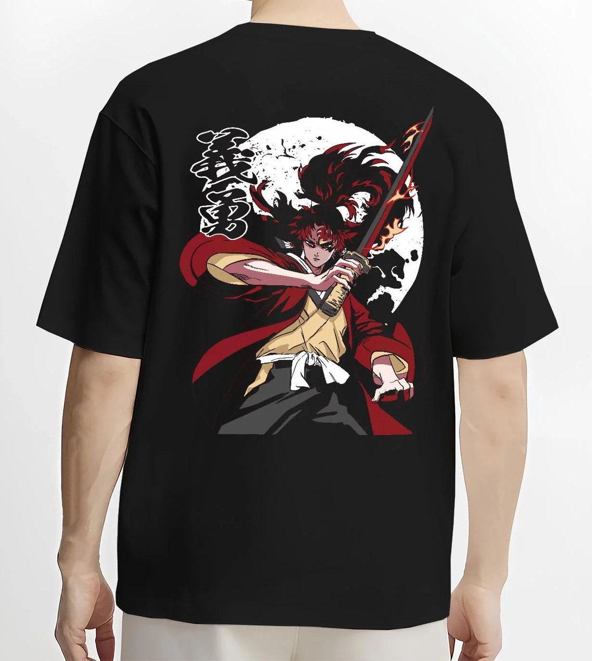 Black T-shirt worn by male model from the back featuring Yoriichi Tsugikuni Demon Slayer Mark artwork.