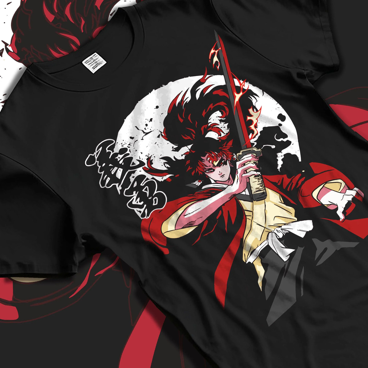 Black T-shirt laid flat with natural folds featuring Yoriichi Tsugikuni Demon Slayer Mark artwork.