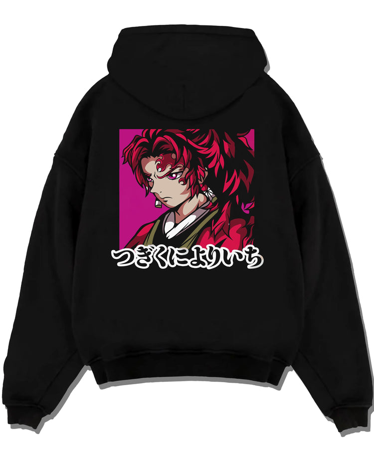 Black hoodie laid flat featuring Yoriichi Tsugikuni Sun Breathing sword Demon Slayer artwork.