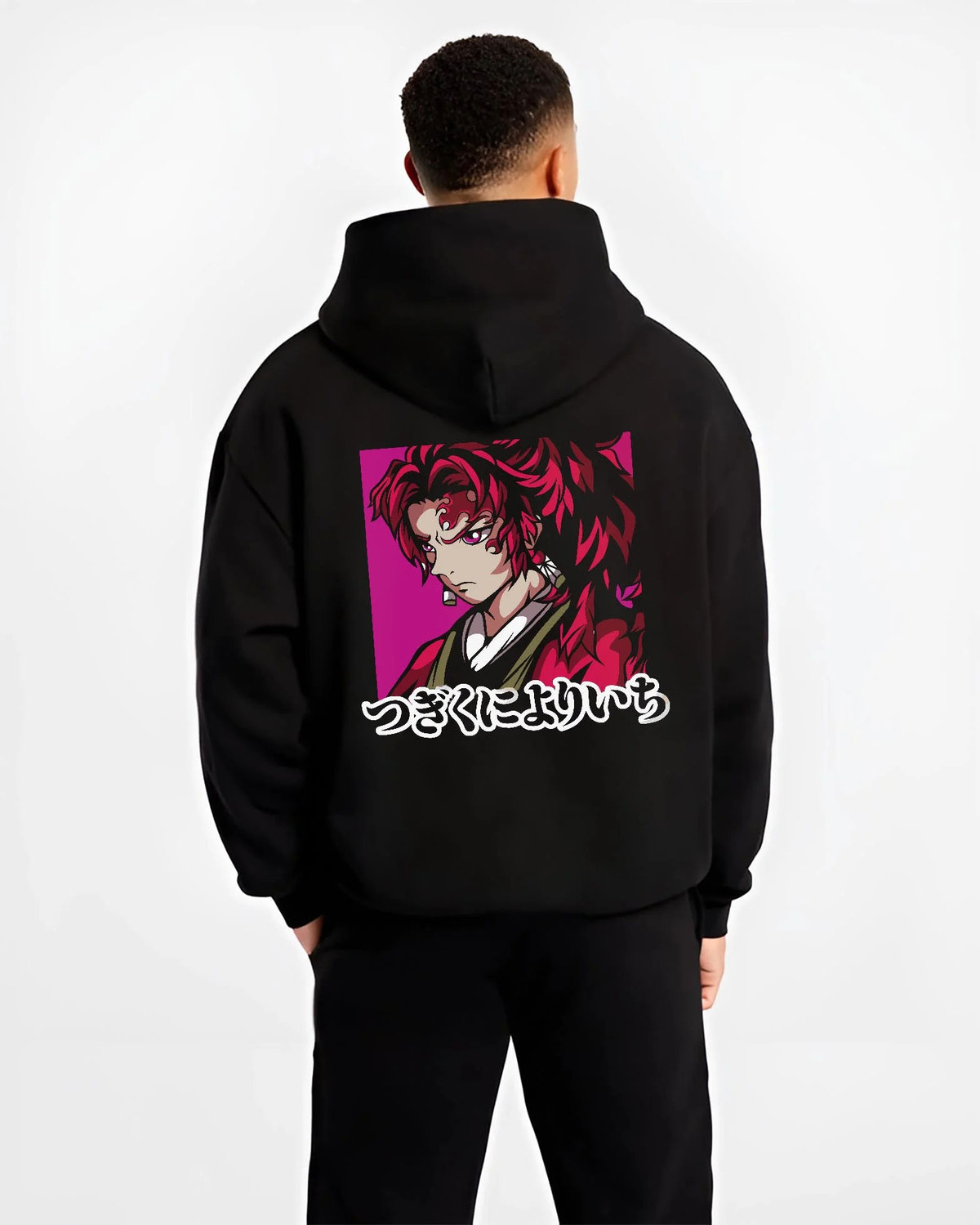 Black hoodie worn by male model from the back featuring Yoriichi Tsugikuni Sun Breathing sword Demon Slayer artwork.