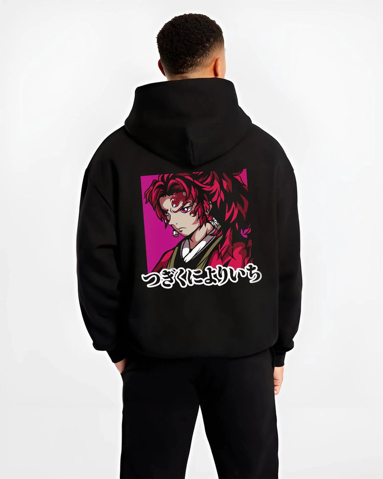 Black hoodie worn by male model from the back featuring Yoriichi Tsugikuni Sun Breathing sword Demon Slayer artwork.