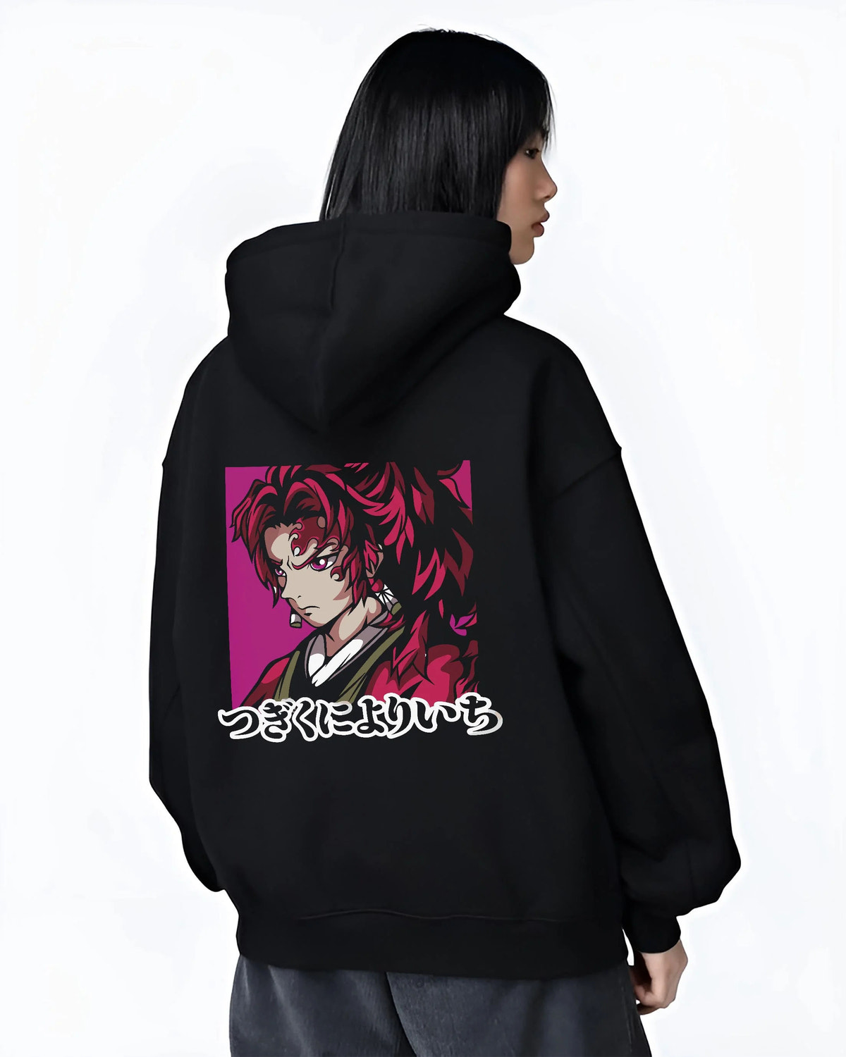 Black hoodie worn by female model from the back featuring Yoriichi Tsugikuni Sun Breathing sword Demon Slayer artwork.