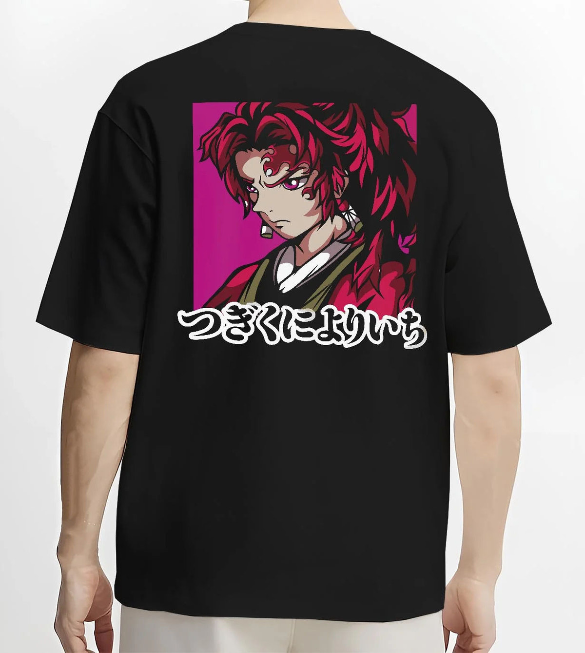 Black T-shirt worn by male model from the back featuring Yoriichi Tsugikuni Sun Breathing sword Demon Slayer artwork.