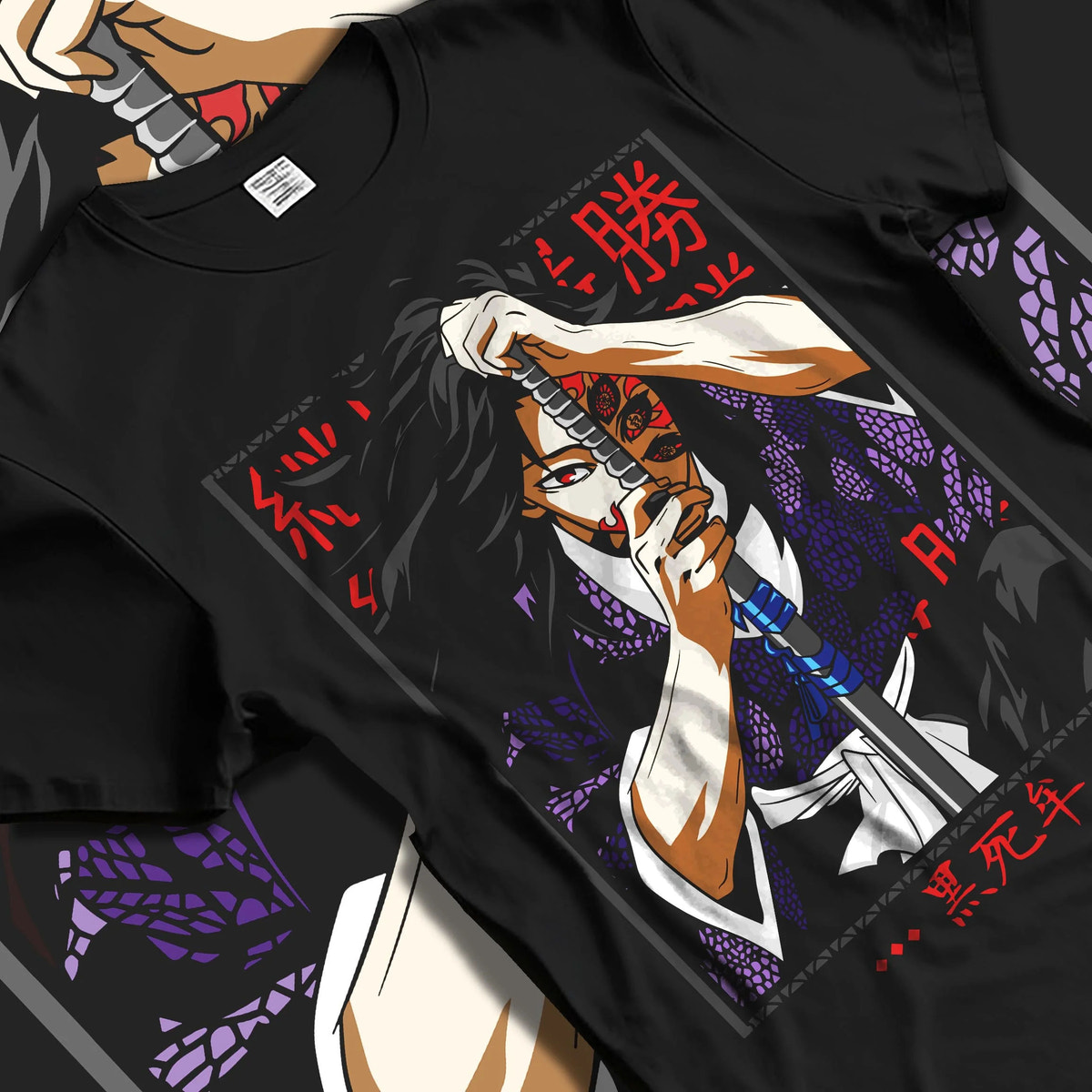 Black T-shirt laid flat with natural folds featuring Yoriichi Tsugikuni Sun Breathing flame aura Demon Slayer artwork.