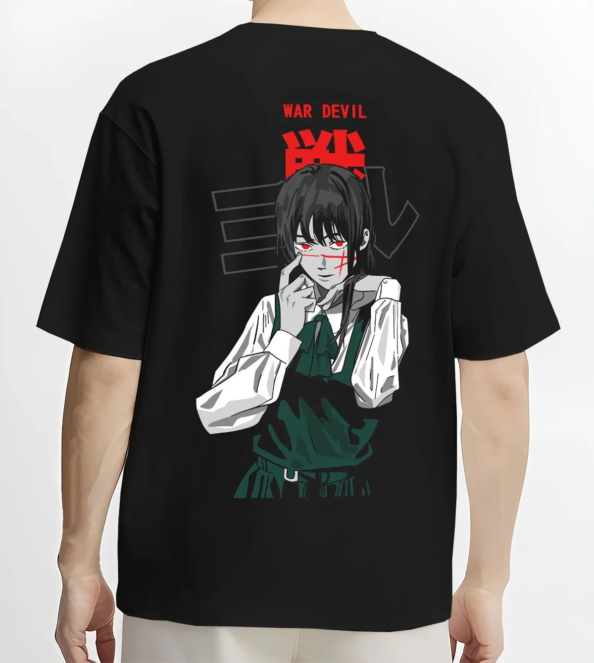 Black T-shirt model back view showing Yoru / Asa Mitaka from Chainsaw Man: War Devil portrait