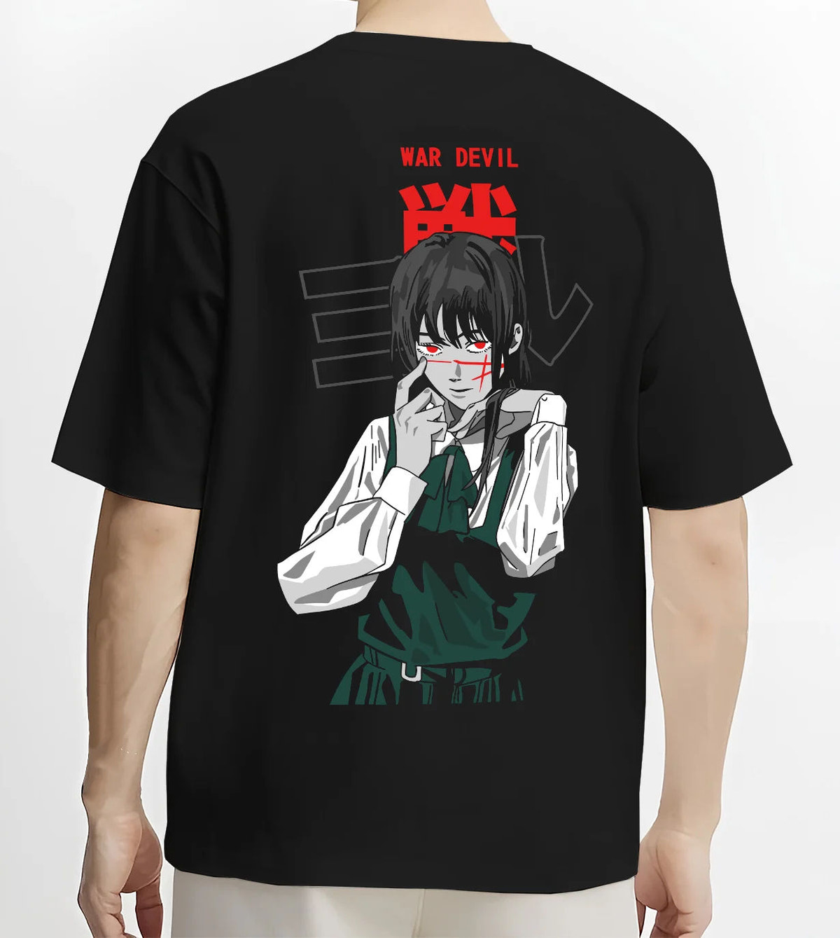 Black T-shirt model back view showing Yoru / Asa Mitaka from Chainsaw Man: War Devil portrait