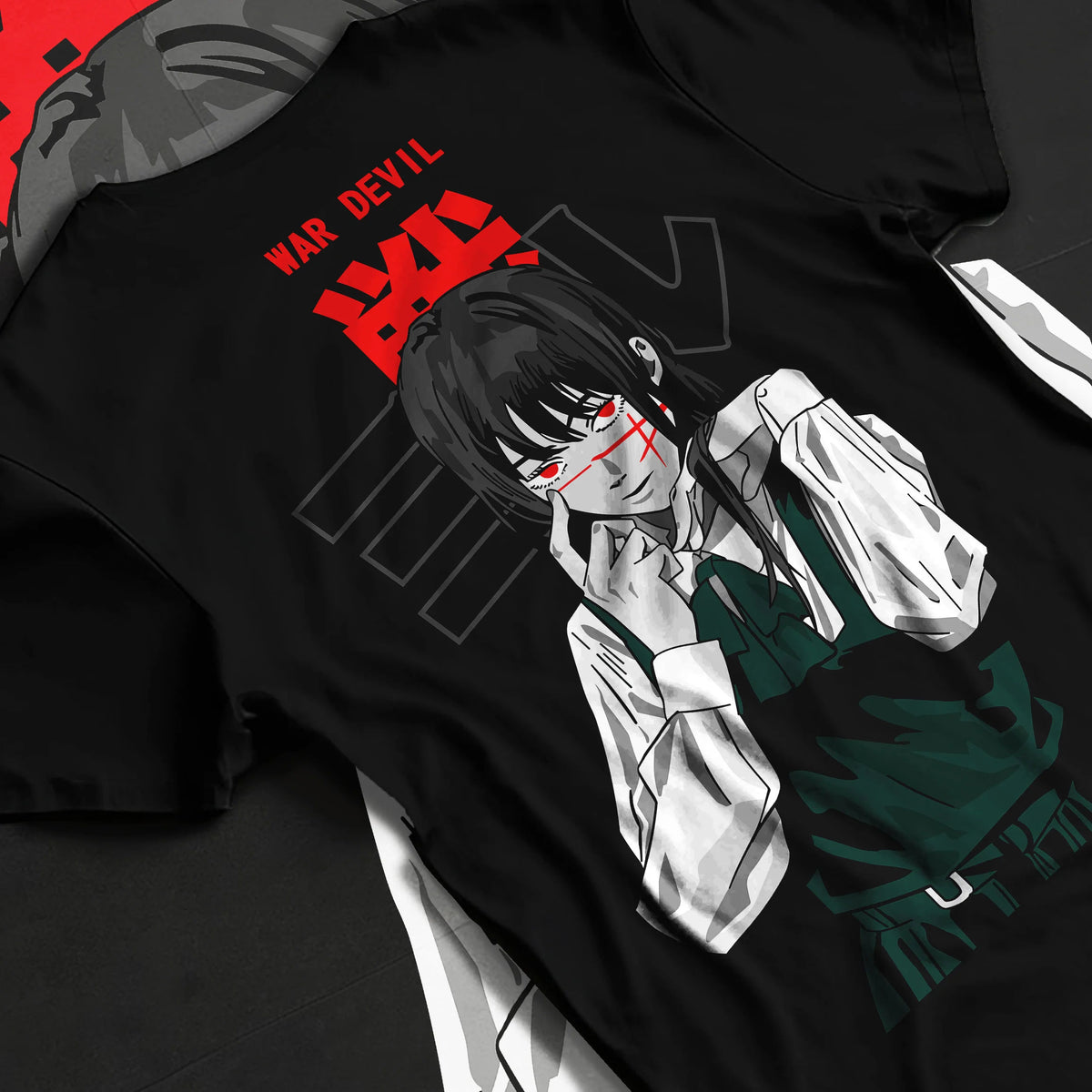 Black T-shirt flat back view showing Yoru / Asa Mitaka from Chainsaw Man: War Devil portrait