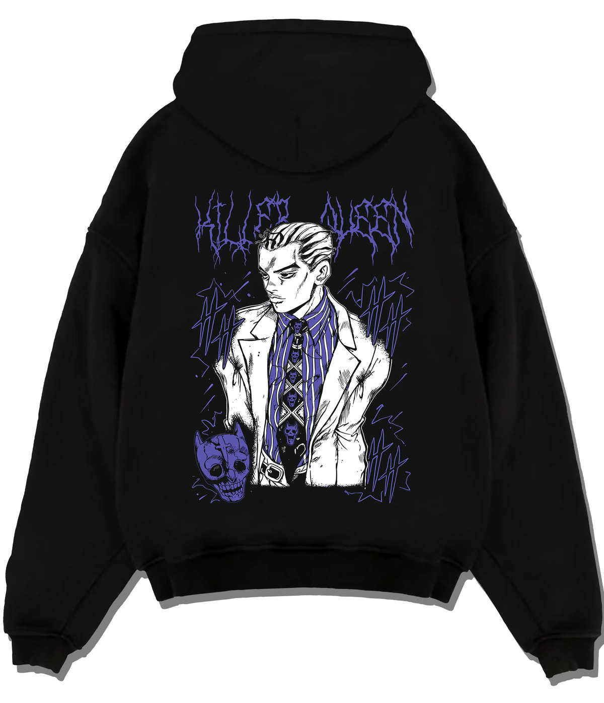 Black hoodie flat back view showing Yoshikage Kira from JoJo’s Bizarre Adventure: patterned suit portrait