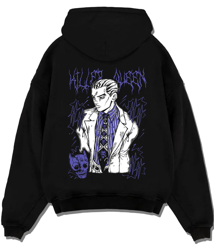 Black hoodie flat back view showing Yoshikage Kira from JoJo’s Bizarre Adventure: patterned suit portrait