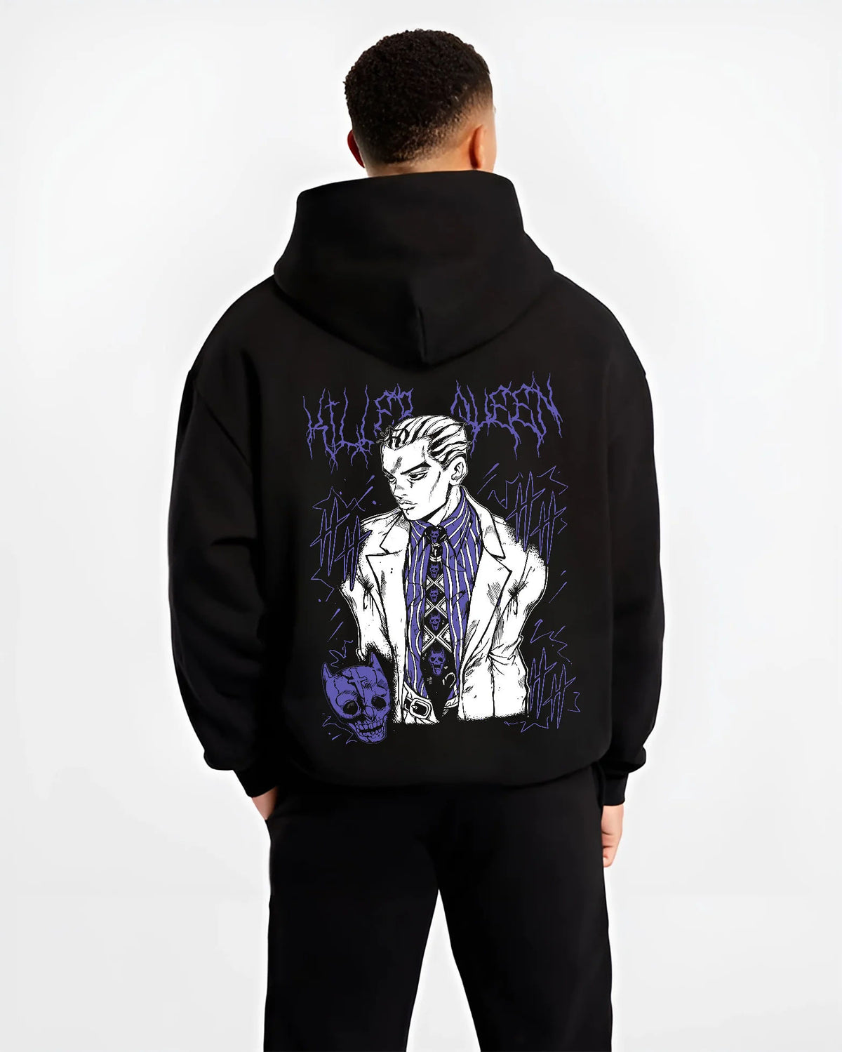 Black hoodie model back view showing Yoshikage Kira from JoJo’s Bizarre Adventure: patterned suit portrait