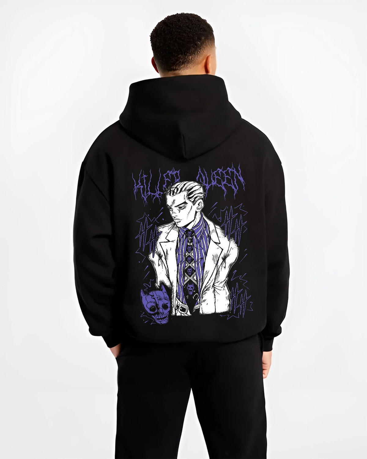 Black hoodie model back view showing Yoshikage Kira from JoJo’s Bizarre Adventure: patterned suit portrait