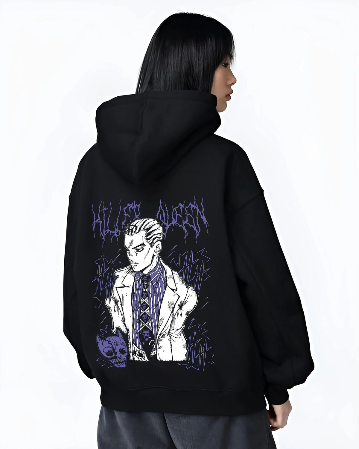 Black hoodie female model back view showing Yoshikage Kira from JoJo’s Bizarre Adventure: patterned suit portrait