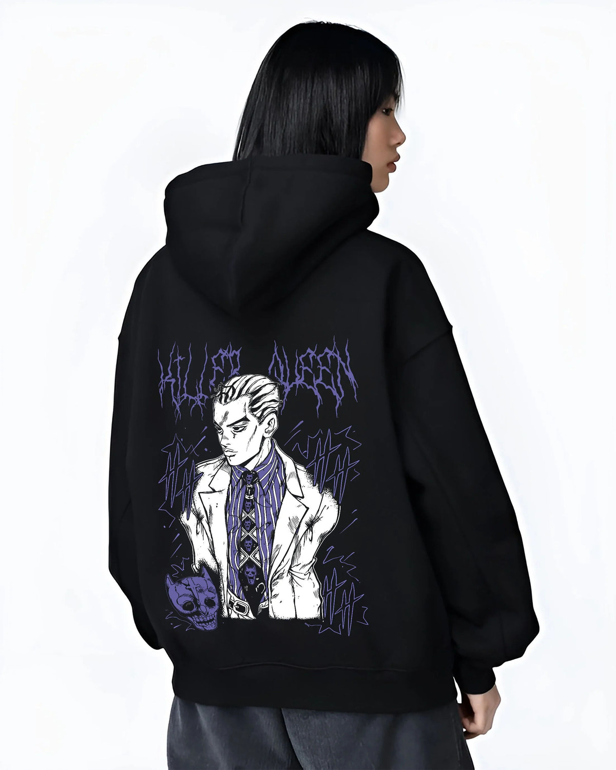 Black hoodie female model back view showing Yoshikage Kira from JoJo’s Bizarre Adventure: patterned suit portrait
