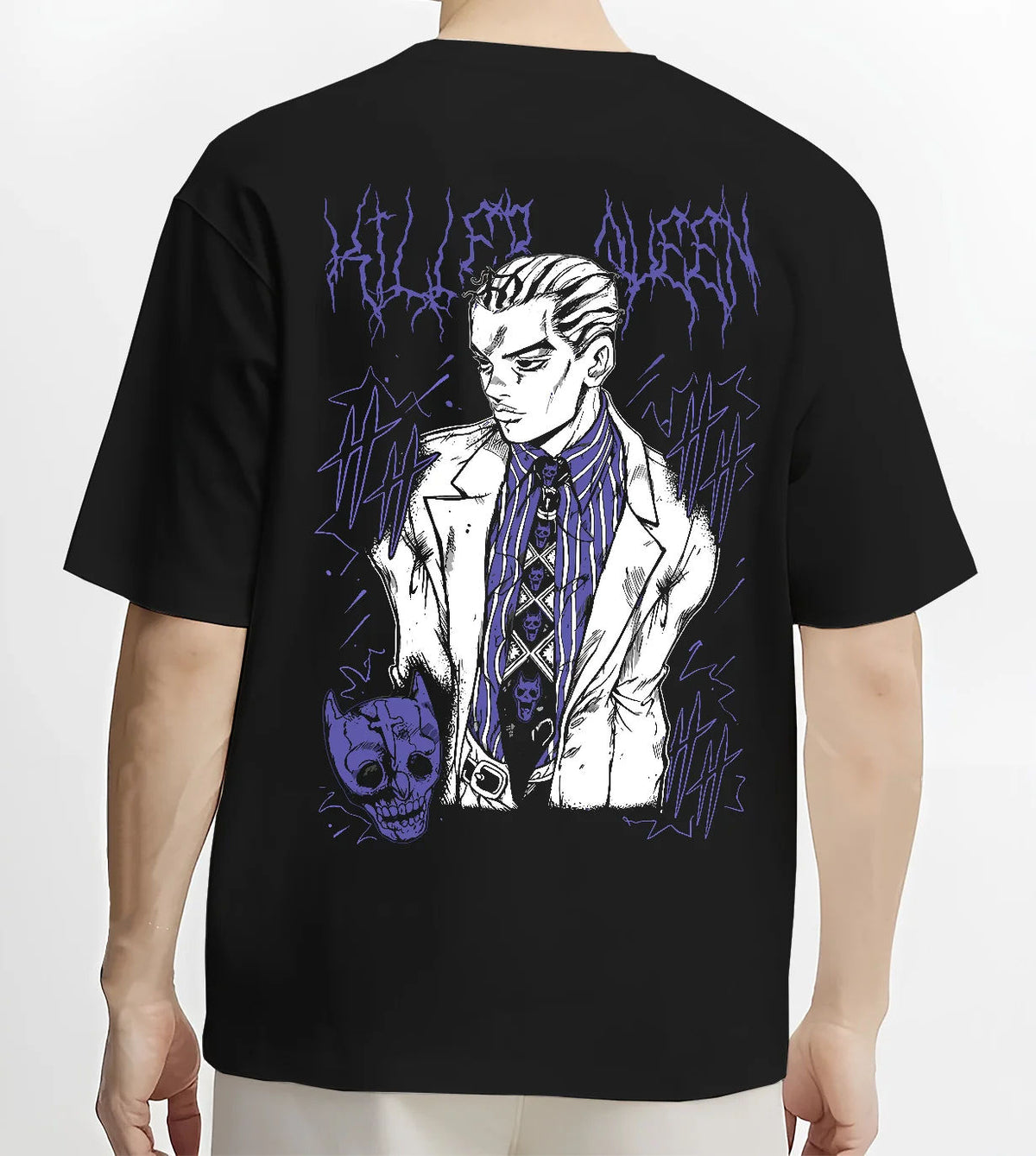 Black T-shirt model back view showing Yoshikage Kira from JoJo’s Bizarre Adventure: patterned suit portrait