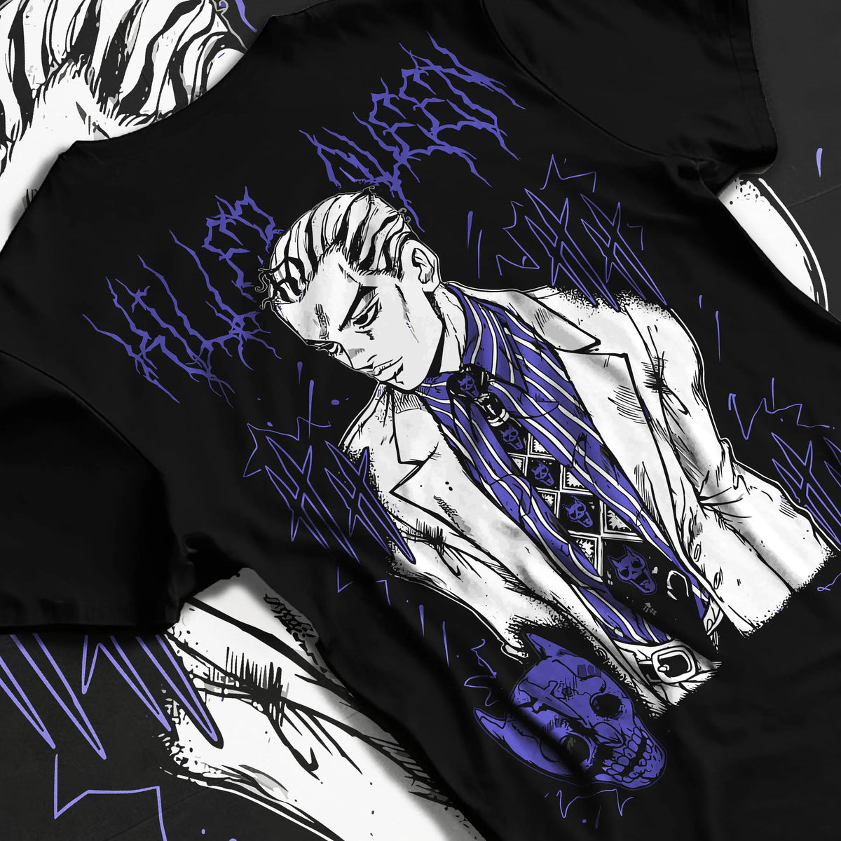 Black T-shirt flat back view showing Yoshikage Kira from JoJo’s Bizarre Adventure: patterned suit portrait