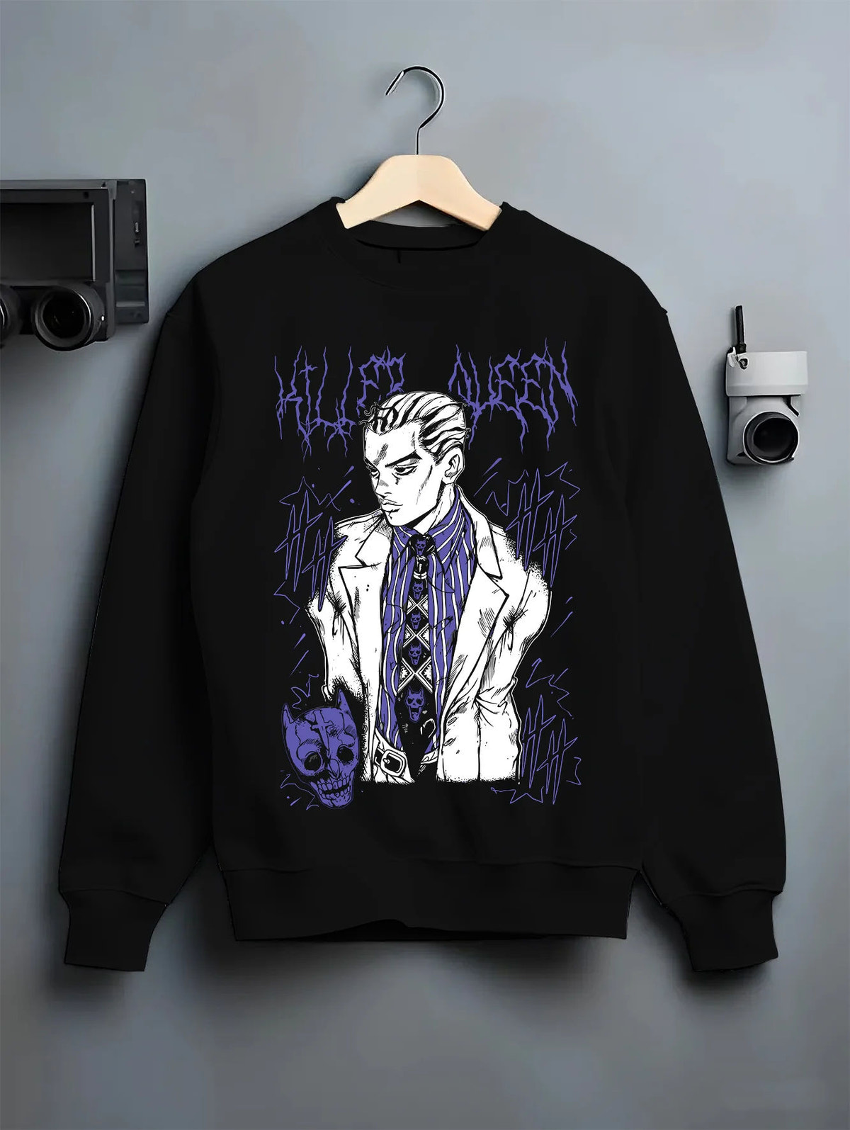 Black crewneck sweatshirt on hanger showing Yoshikage Kira from JoJo’s Bizarre Adventure: patterned suit portrait