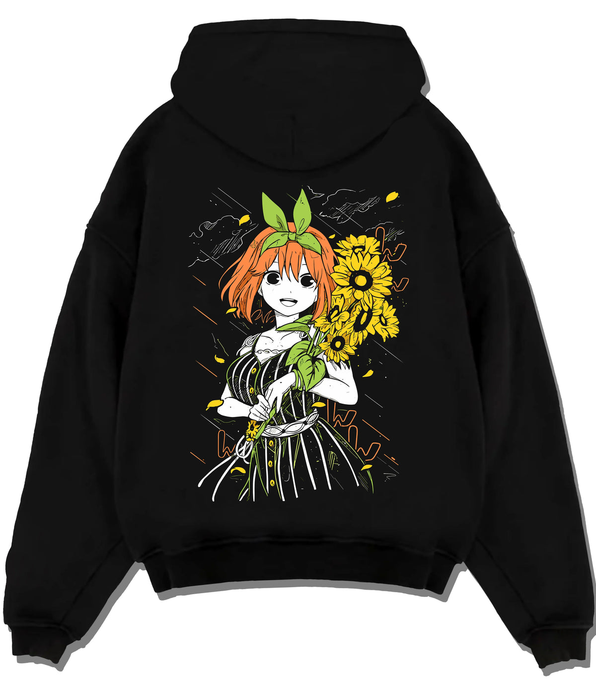 Black hoodie flat back view showing Yotsuba Nakano from The Quintessential Quintuplets: orange-haired girl with sunflowers