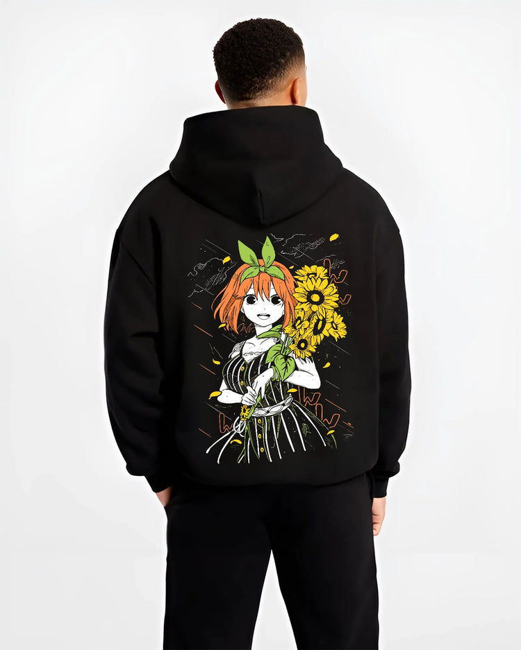 Black hoodie model back view showing Yotsuba Nakano from The Quintessential Quintuplets: orange-haired girl with sunflowers