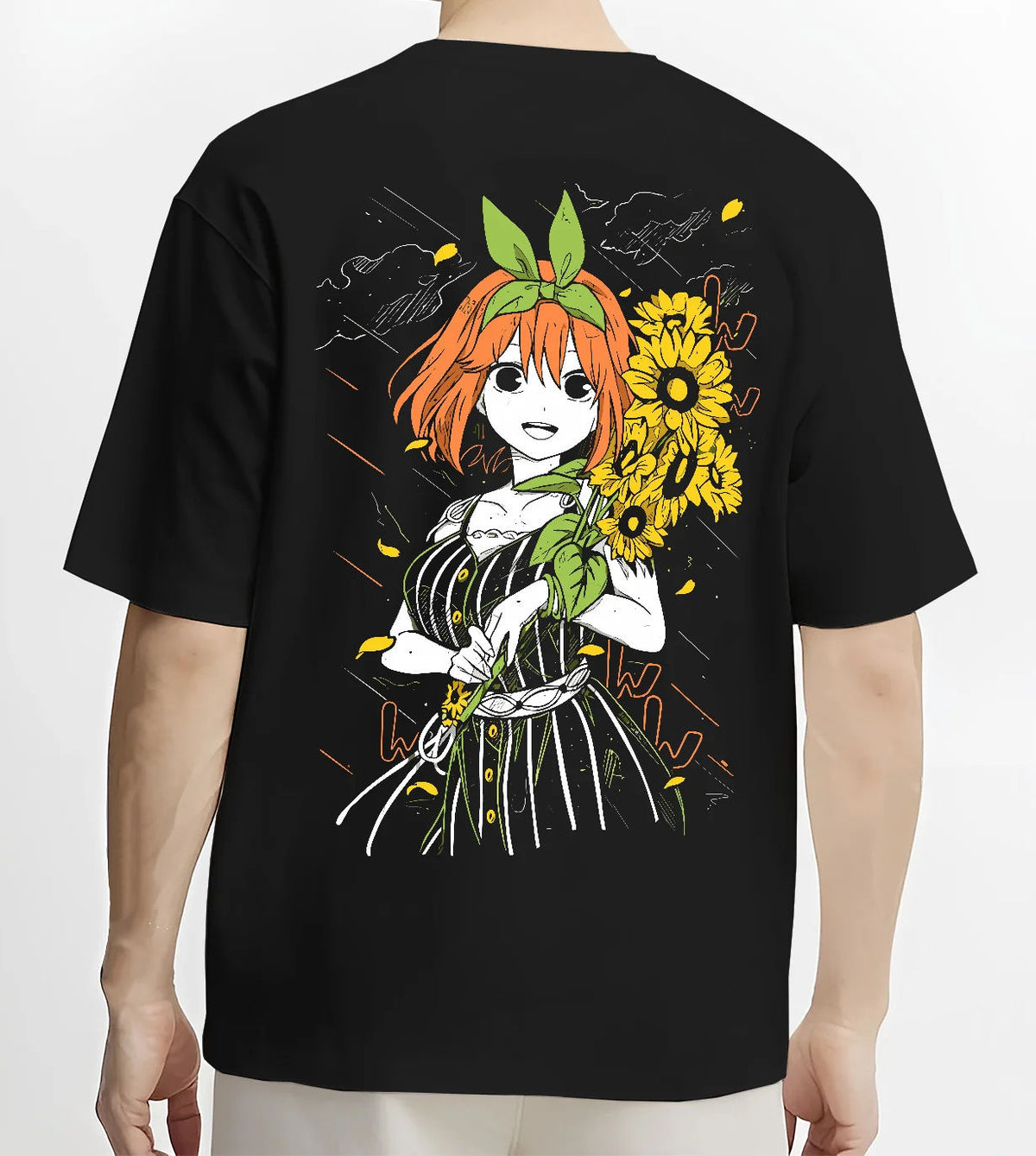 Black T-shirt model back view showing Yotsuba Nakano from The Quintessential Quintuplets: orange-haired girl with sunflowers