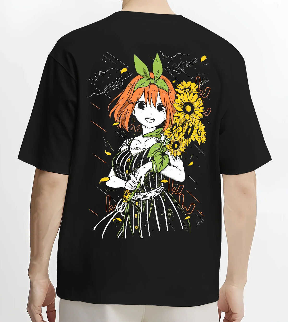 Black T-shirt model back view showing Yotsuba Nakano from The Quintessential Quintuplets: orange-haired girl with sunflowers