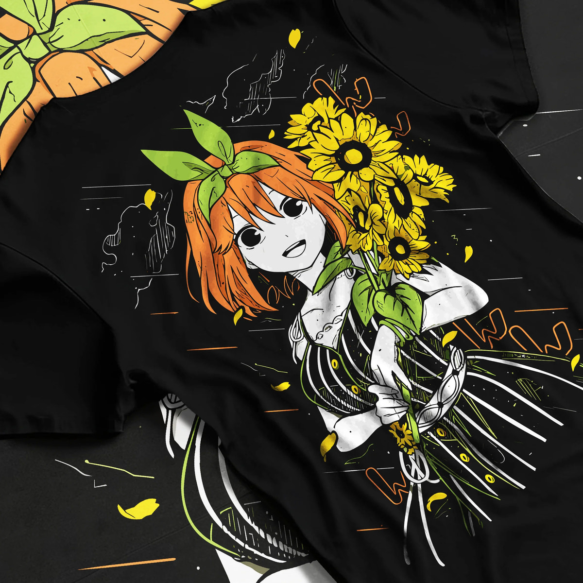 Black T-shirt flat back view showing Yotsuba Nakano from The Quintessential Quintuplets: orange-haired girl with sunflowers