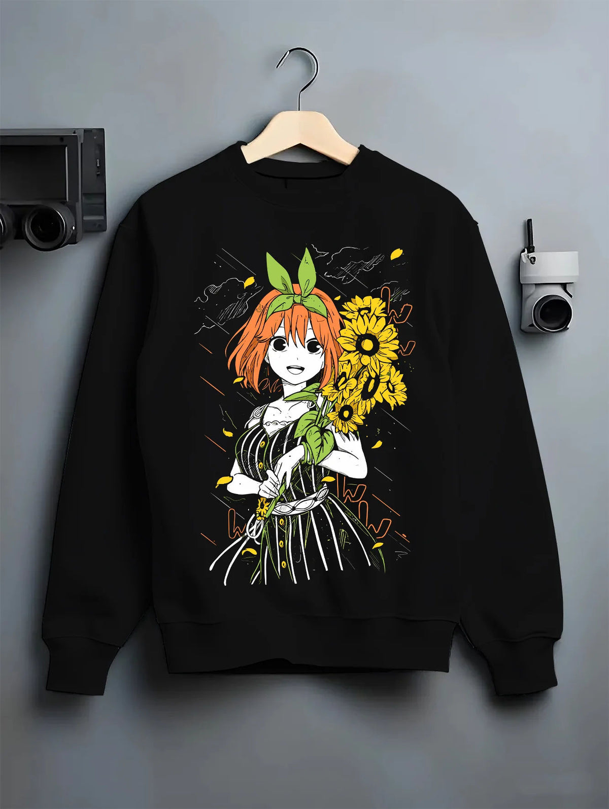 Black crewneck sweatshirt on hanger showing Yotsuba Nakano from The Quintessential Quintuplets: orange-haired girl with