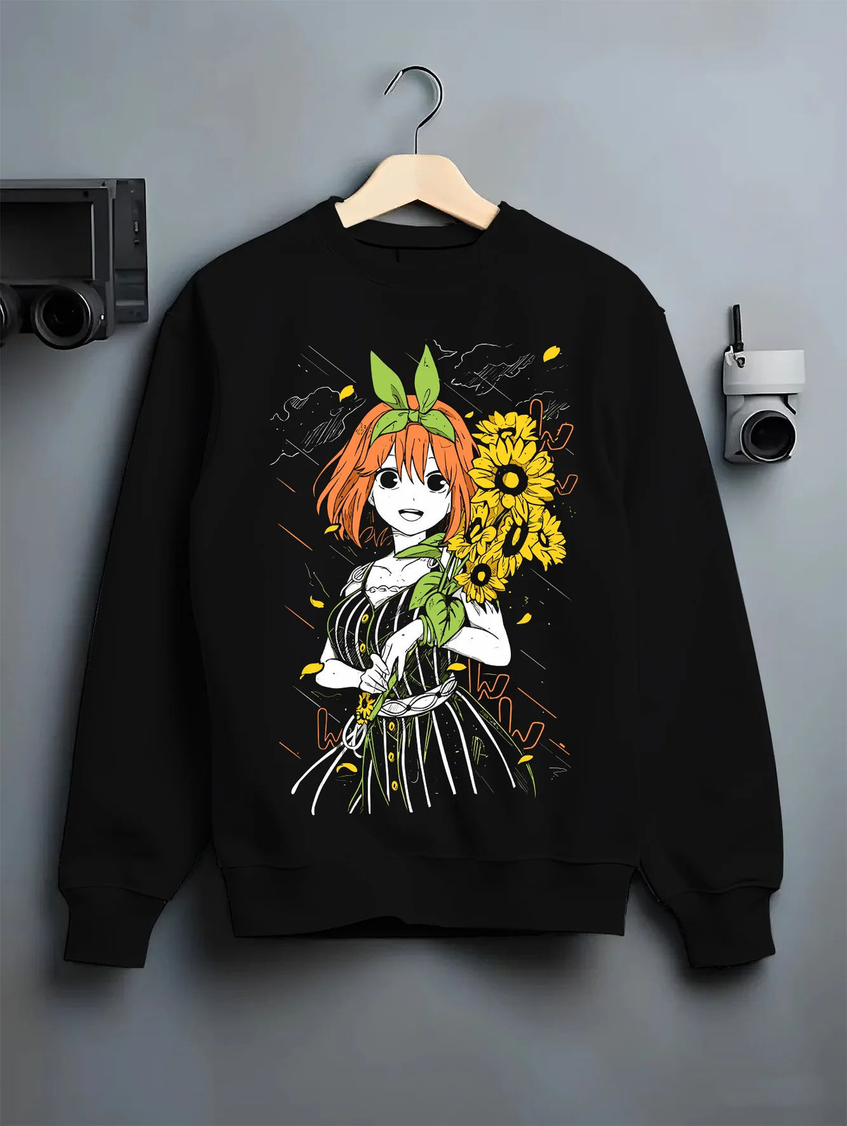 Black crewneck sweatshirt on hanger showing Yotsuba Nakano from The Quintessential Quintuplets: orange-haired girl with