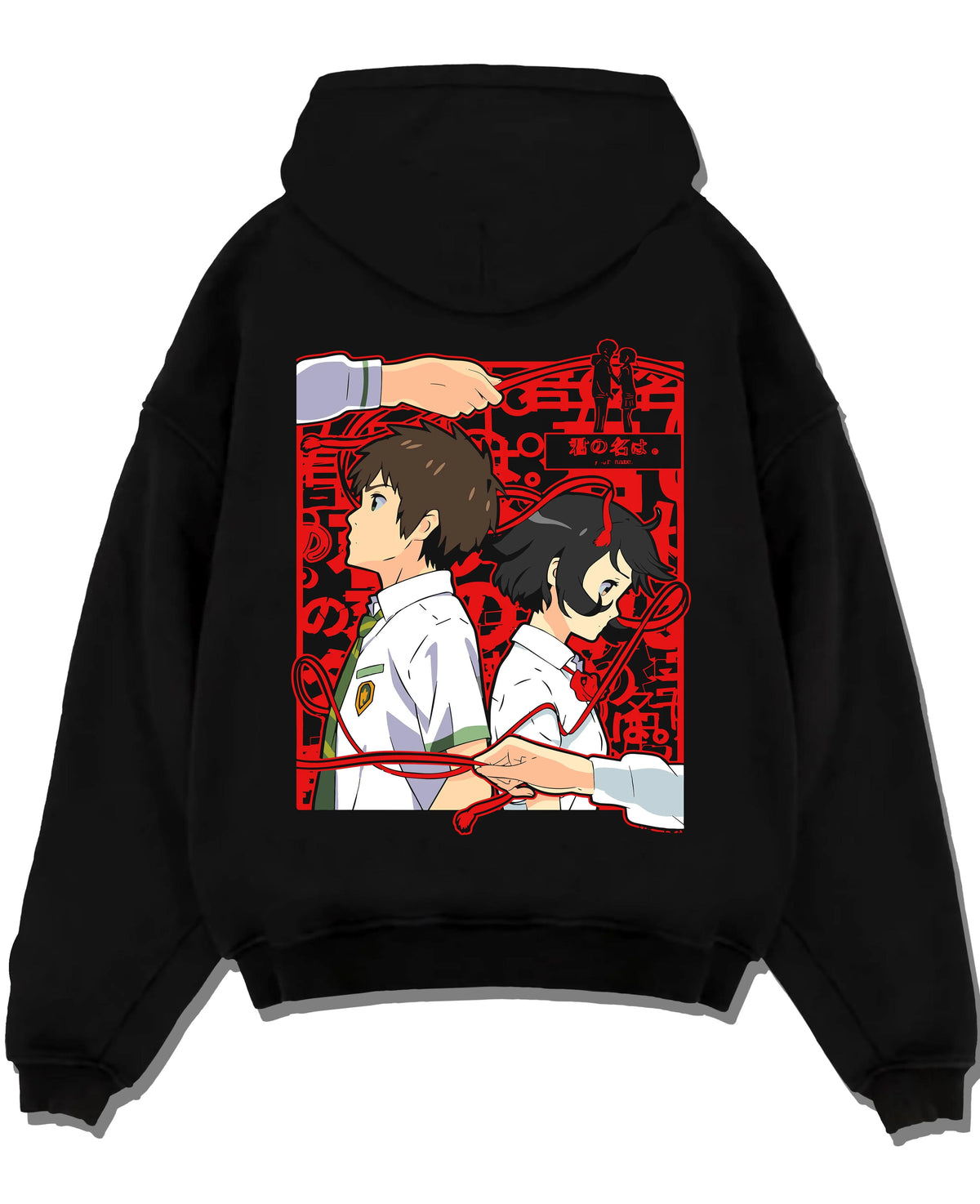 Black hoodie laid flat featuring Taki and Mitsuha red thread Your Name artwork.