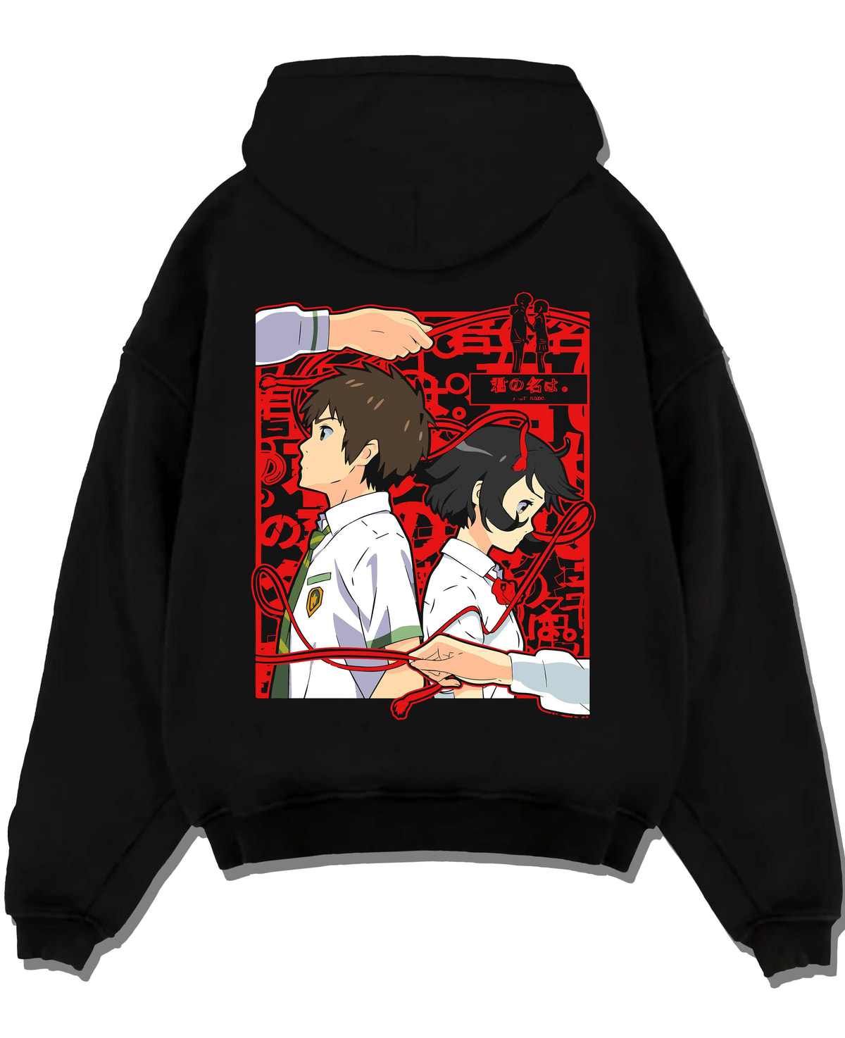Black hoodie laid flat featuring Taki and Mitsuha red thread Your Name artwork.