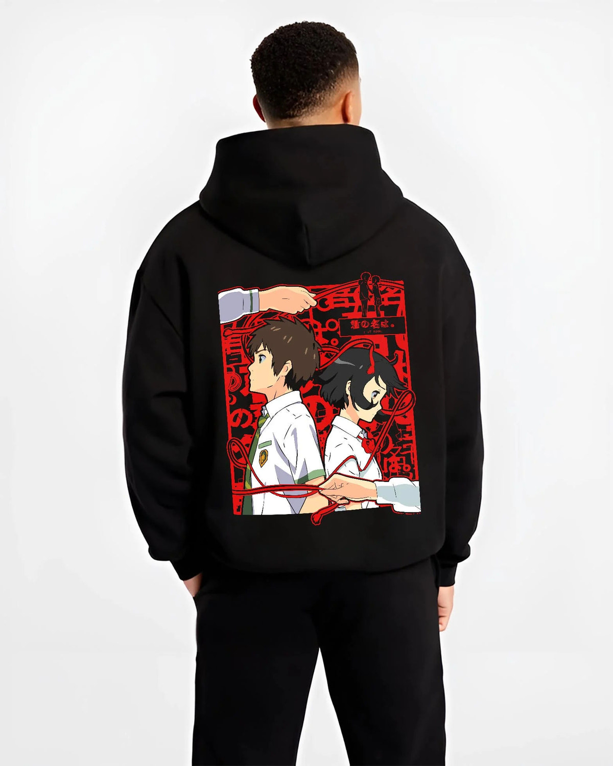 Black hoodie worn by male model from the back featuring Taki and Mitsuha red thread Your Name artwork.