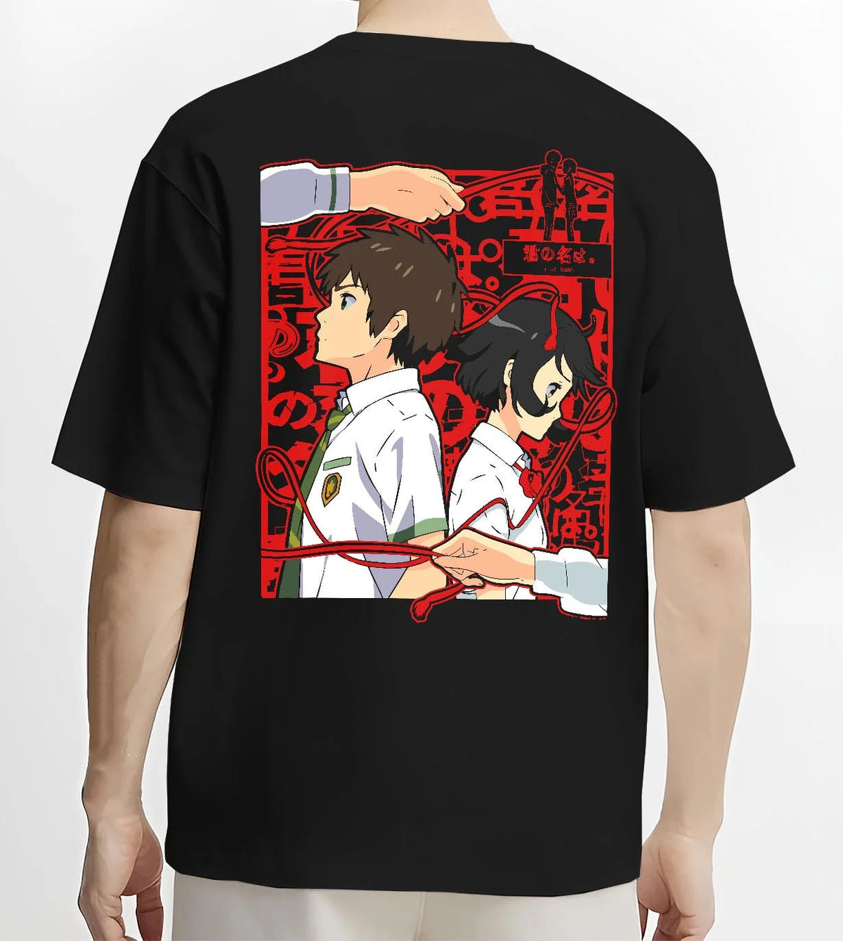 Black T-shirt worn by male model from the back featuring Taki and Mitsuha red thread Your Name artwork.