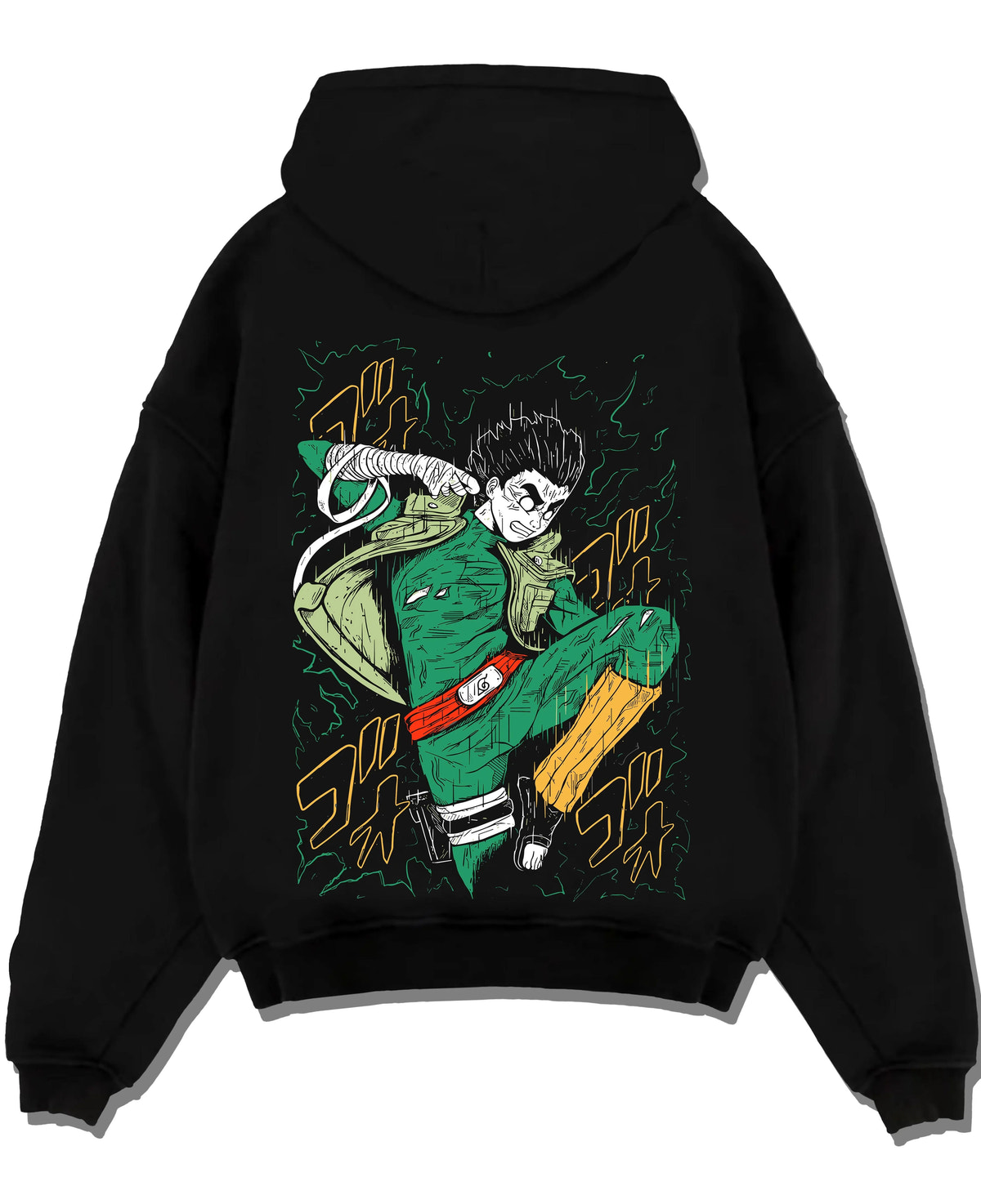 Black hoodie laid flat featuring Might Guy Power of Youth taijutsu Naruto artwork.