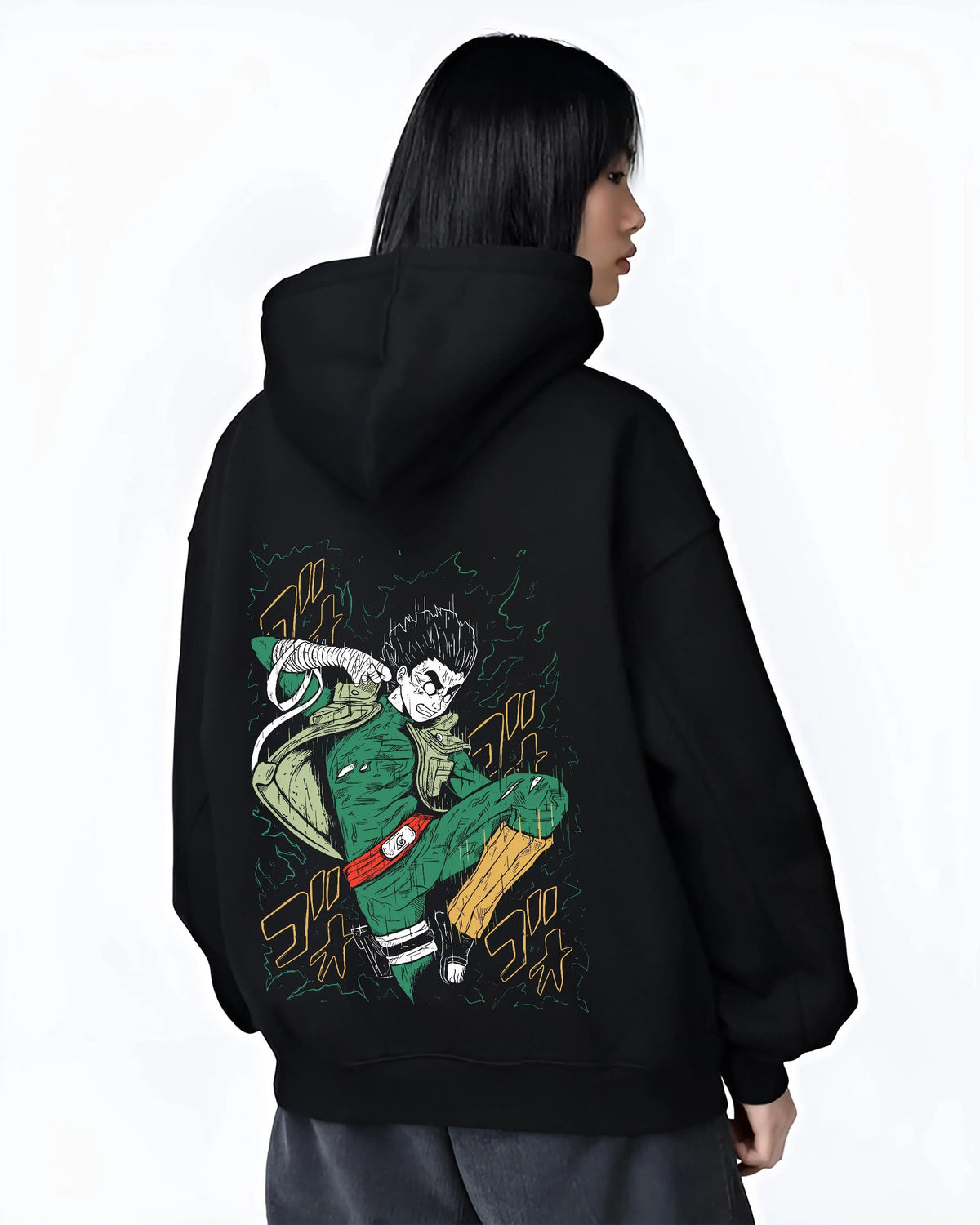 Black hoodie worn by female model from the back featuring Might Guy Power of Youth taijutsu Naruto artwork.