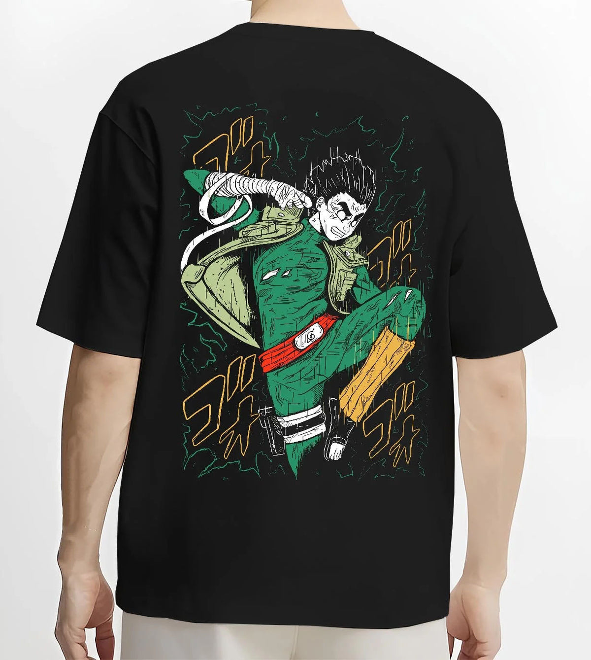 Black T-shirt worn by male model from the back featuring Might Guy Power of Youth taijutsu Naruto artwork.