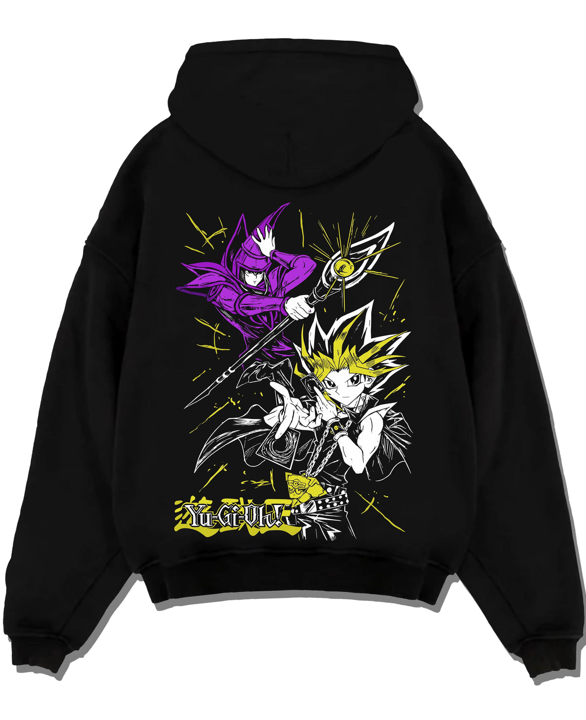 Black hoodie laid flat featuring Yugi Millennium Puzzle King of Games Yu-Gi-Oh! artwork.