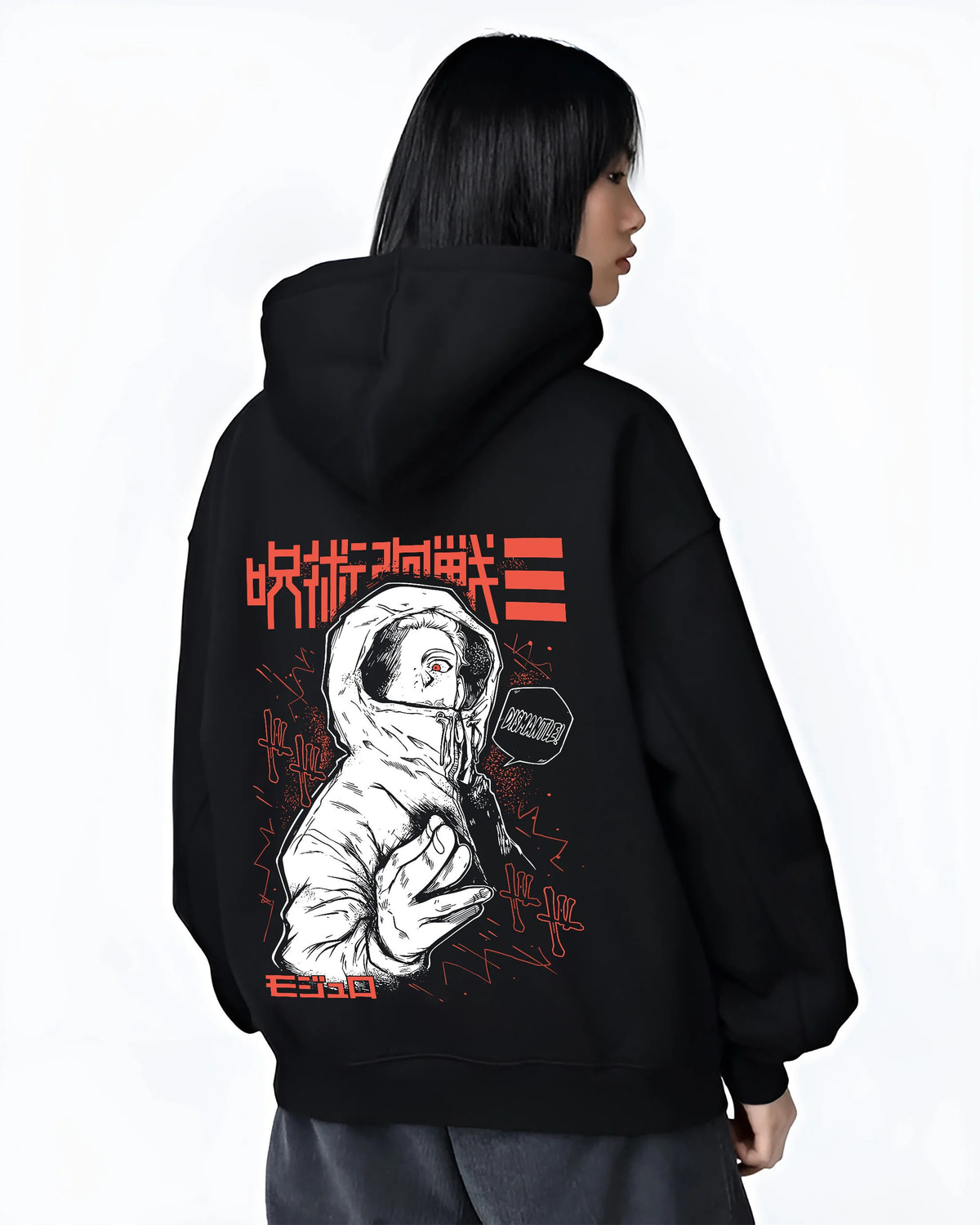 Black hoodie female model back view showing Yuji Itadori from Jujutsu Kaisen: hooded manga side portrait