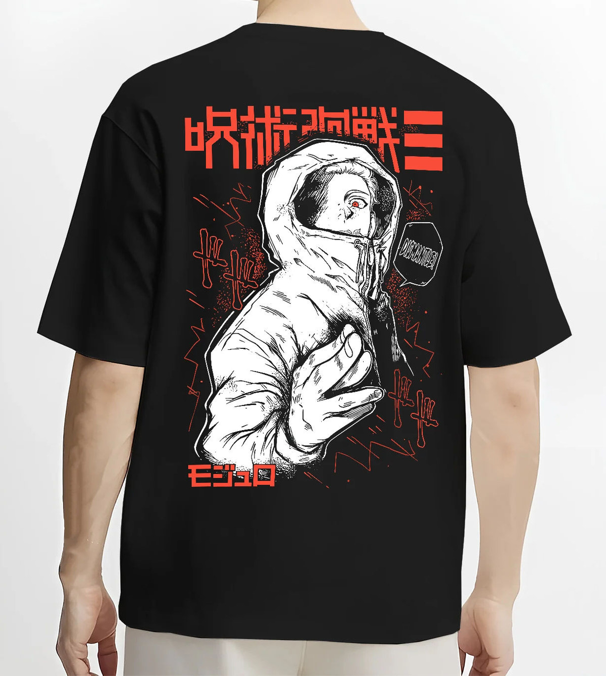 Black T-shirt model back view showing Yuji Itadori from Jujutsu Kaisen: hooded manga side portrait