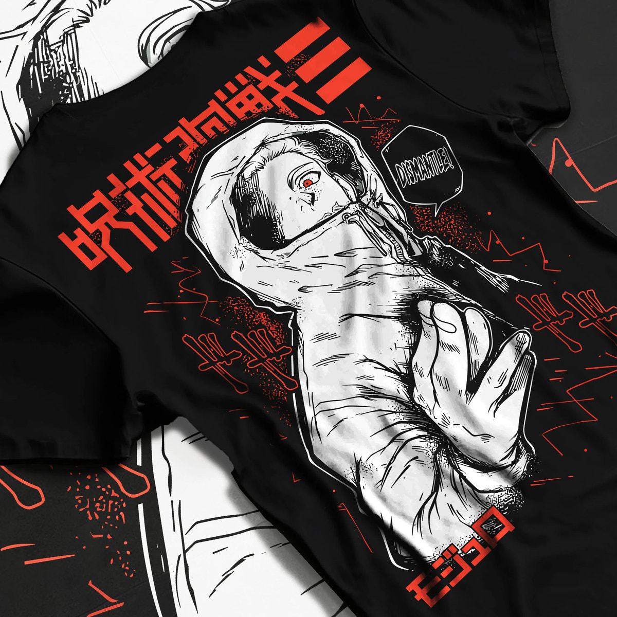 Black T-shirt flat back view showing Yuji Itadori from Jujutsu Kaisen: hooded manga side portrait