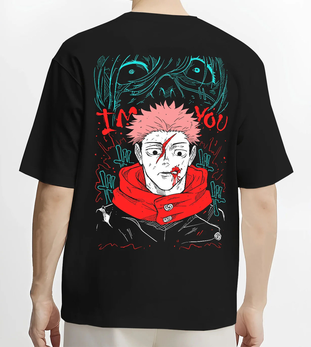 Black T-shirt model back view showing Yuji Itadori / Sukuna from Jujutsu Kaisen: scarred face red scarf artwork